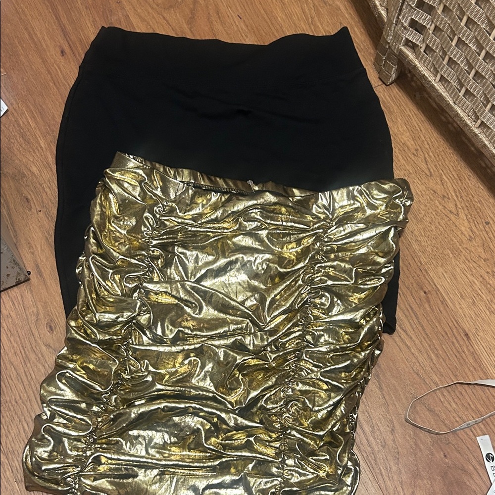 Gold Metallic Ruched Pencil Skirt  & black skirt bundle L/xl